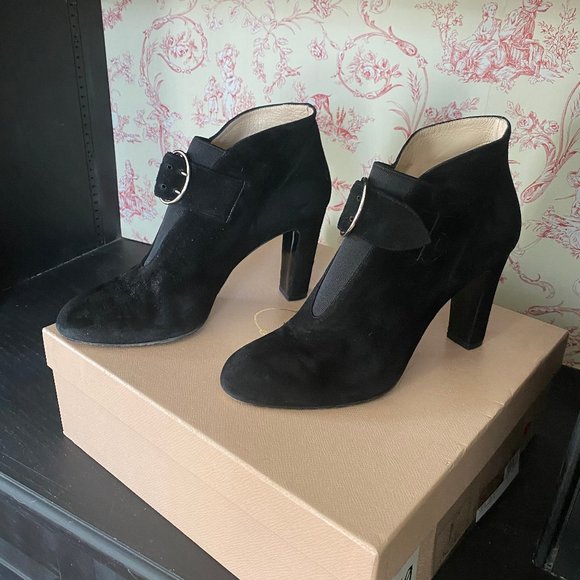 Prada Buckle-Strap Ankle Boots Black Suede Size 39 High Heel Booties - Picture 2 of 7
